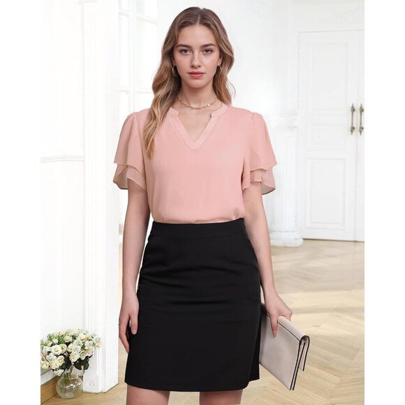 Womens Chiffon Blouse Short Sleeve V Neck Petal Puff Sleeve Casual Work Top - Picture 4 of 6